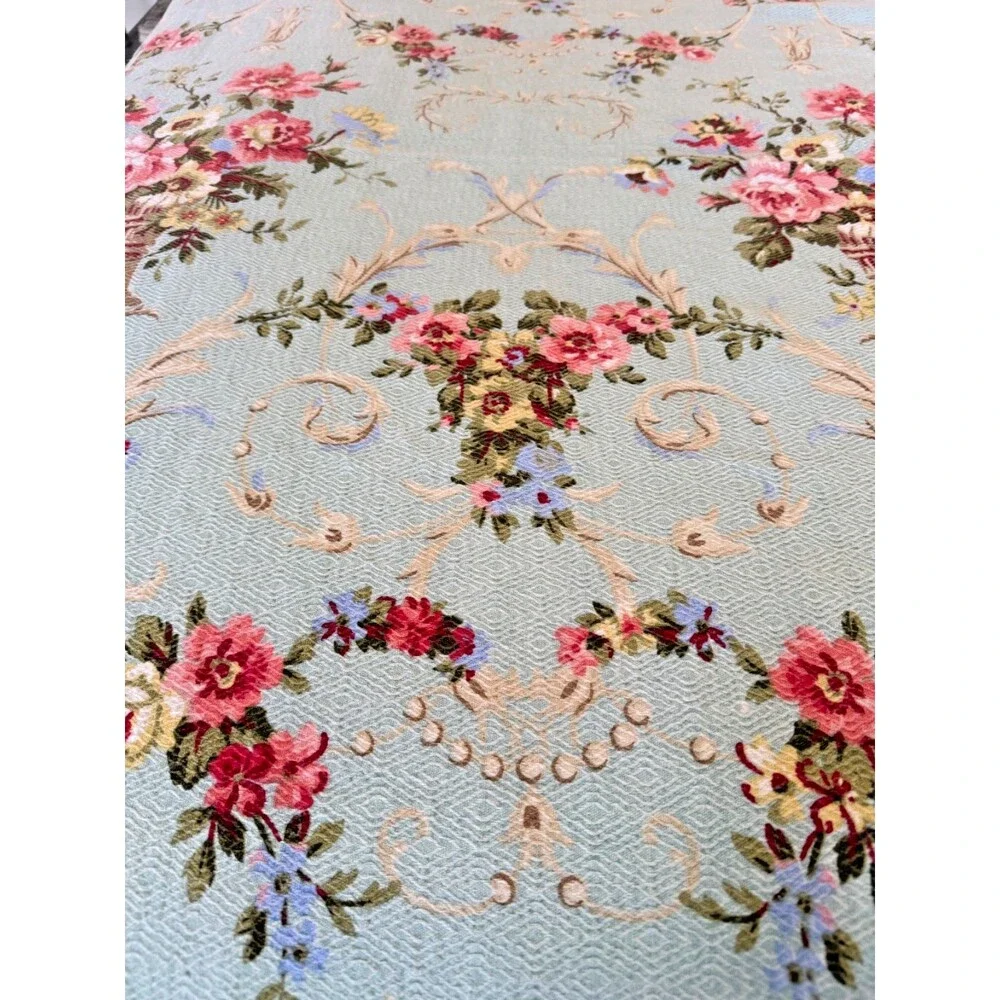 2 Vtg Floral Bedspreads Coverlets TWN Aqua Blue Pink Roses Shabby Cottagecore
